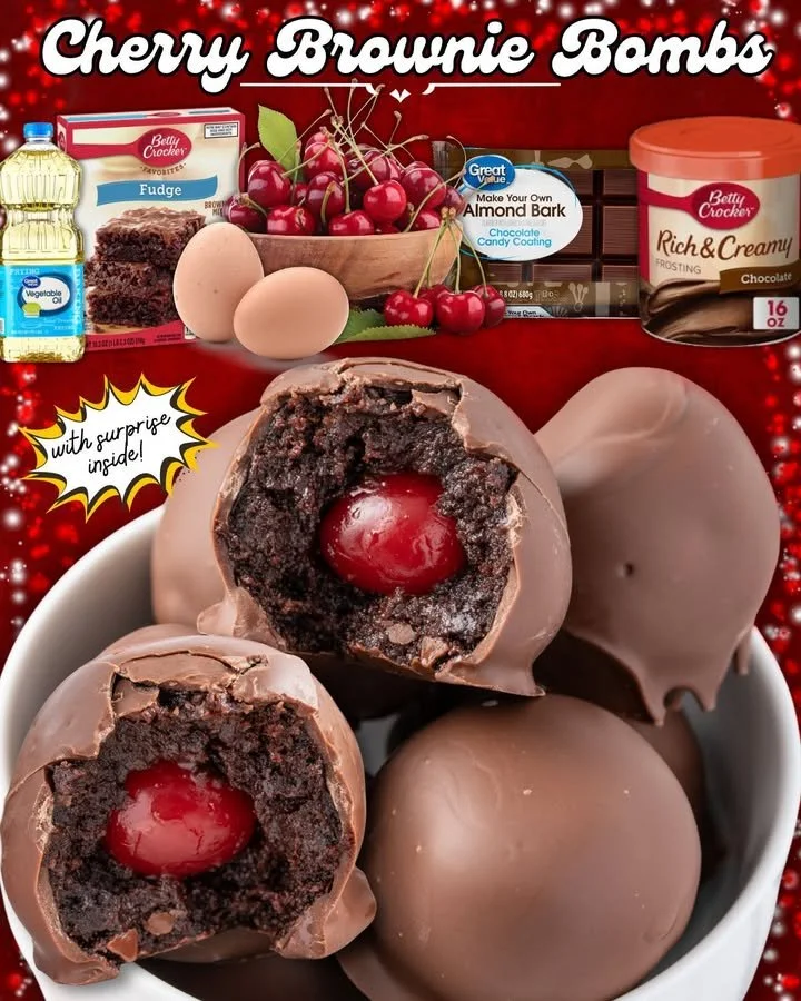 Cherry Brownie Cherry Bombs dessert with fresh cherries and fudge brownies