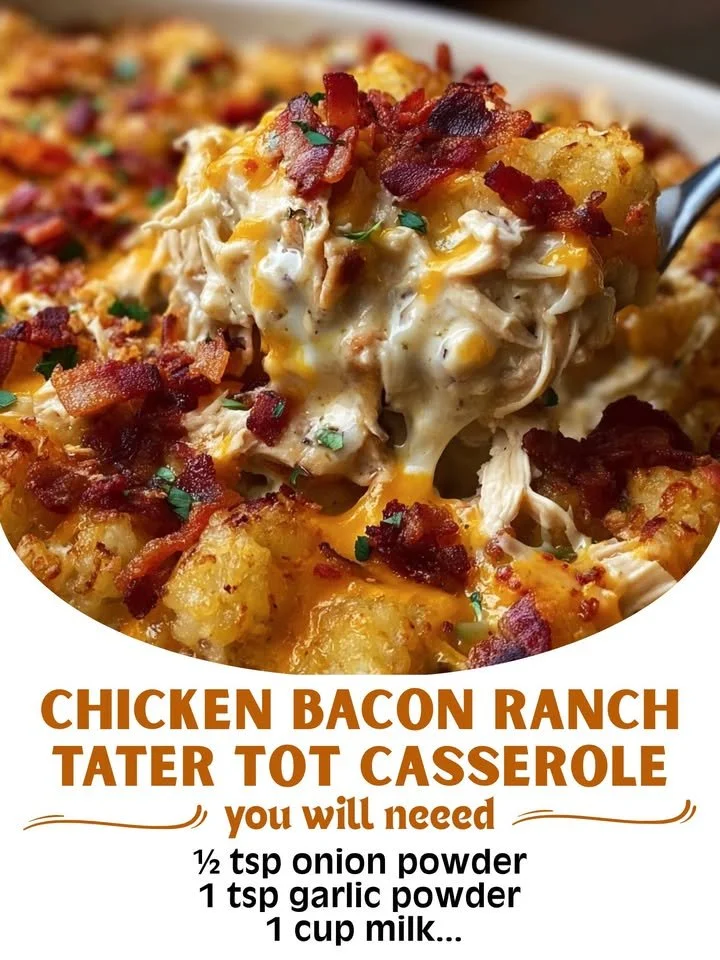 Delicious Chicken Bacon Ranch Tater Tot Casserole with crispy bacon and ranch flavor