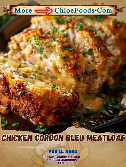 Delicious Chicken Cordon Bleu Meatloaf with ham and cheese topping