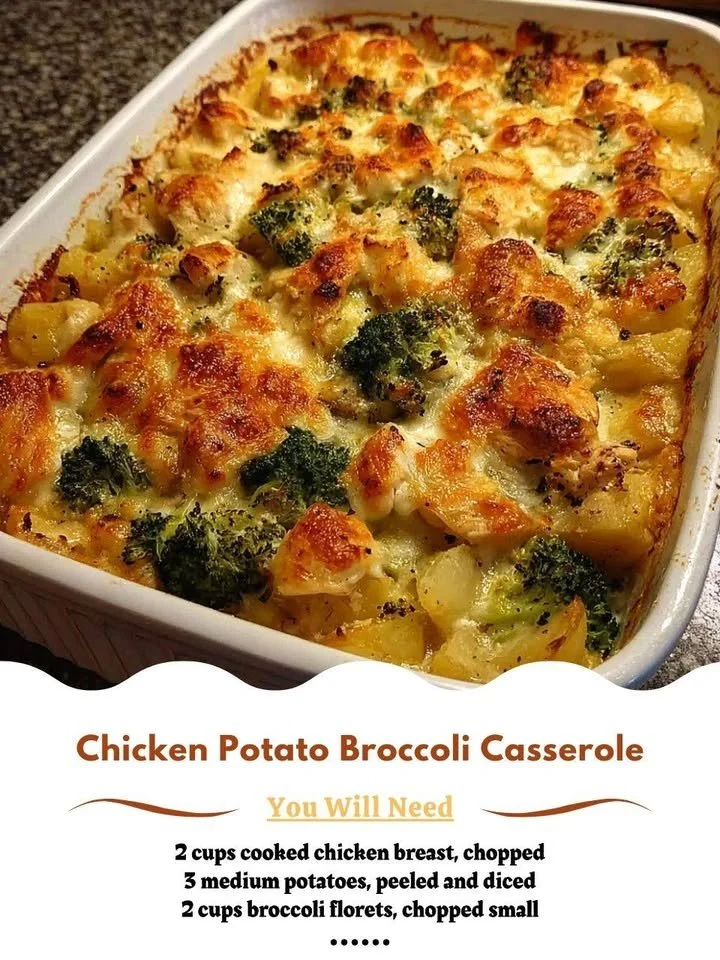 Delicious Chicken Potato Broccoli Casserole in a baking dish, ready to serve