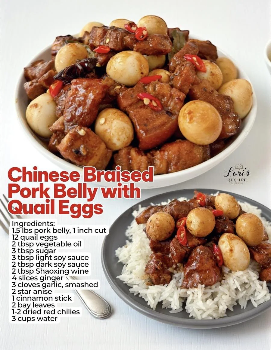 Delicious Chinese braised pork belly served with quail eggs in a rich sauce