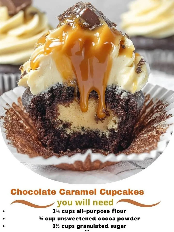 Delicious Chocolate Caramel Cupcakes topped with gooey caramel