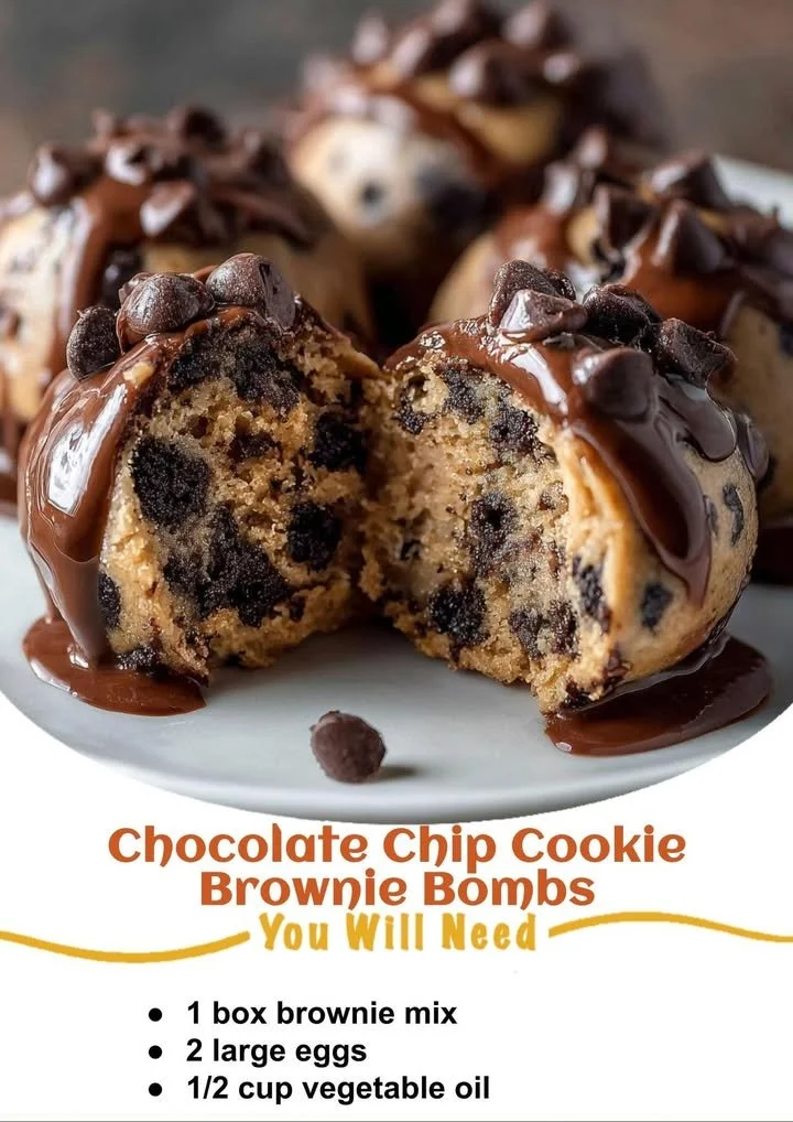 Chocolate chip cookie brownie bombs stacked on a plate
