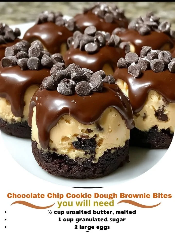Chocolate chip cookie dough brownie bites with a gooey center and chocolate chunks