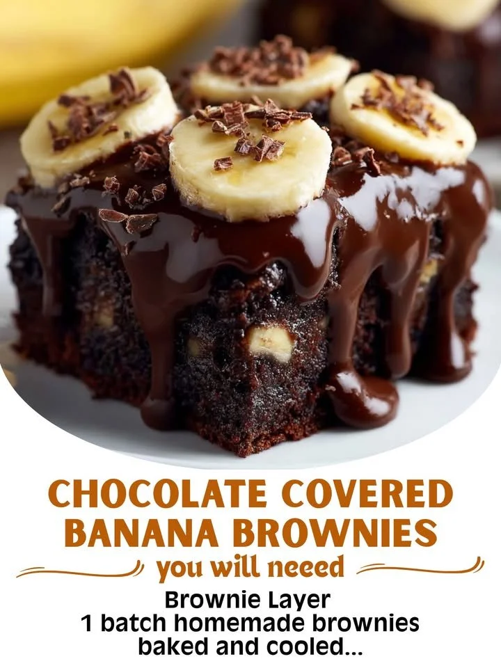 Chocolate Covered Banana Brownies topped with melted chocolate and banana slices