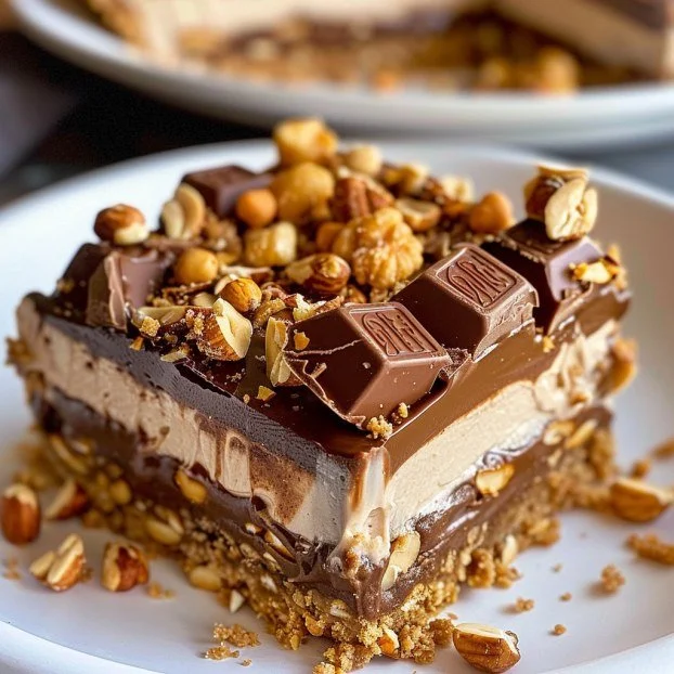 Delicious chocolate peanut butter cheesecake bars on a plate