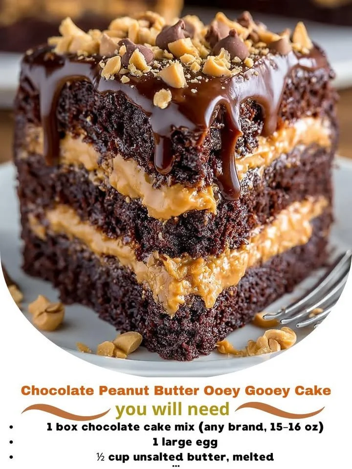 Delicious Chocolate Peanut Butter Ooey Gooey Cake with rich frosting