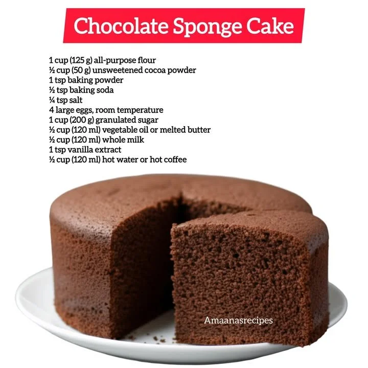 Deliciously baked Chocolate Sponge Cake topped with chocolate frosting.