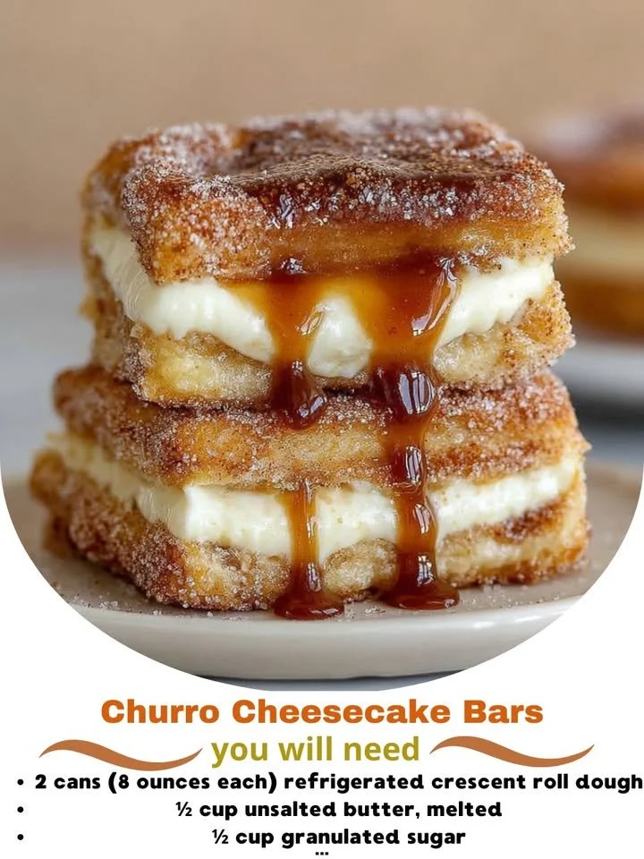 Delicious churro cheesecake bars topped with cinnamon and sugar