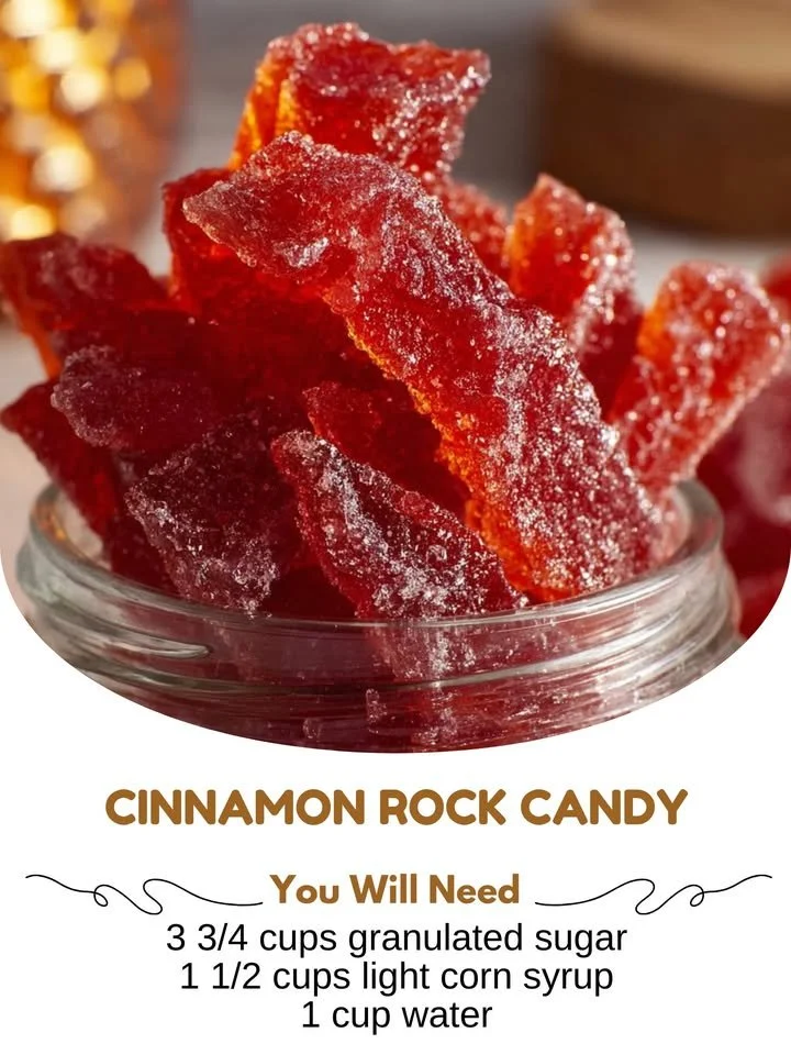 Homemade cinnamon rock candy displayed on a wooden table
