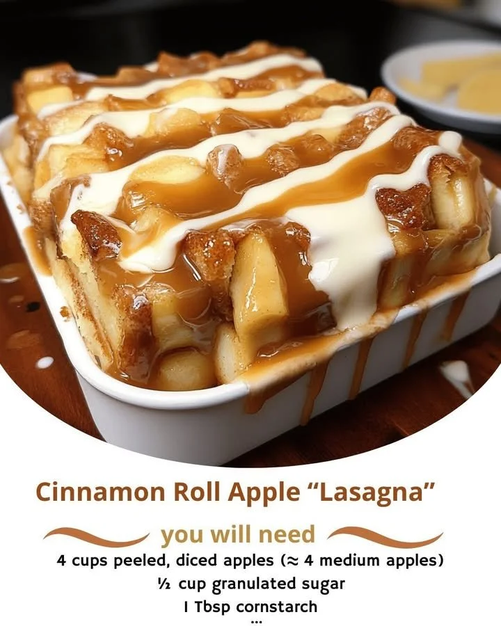 Cinnamon roll apple lasagna topped with apple slices and cream cheese icing