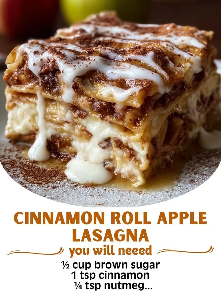 Delicious Cinnamon Roll Apple Lasagna layered with cinnamon rolls and apples