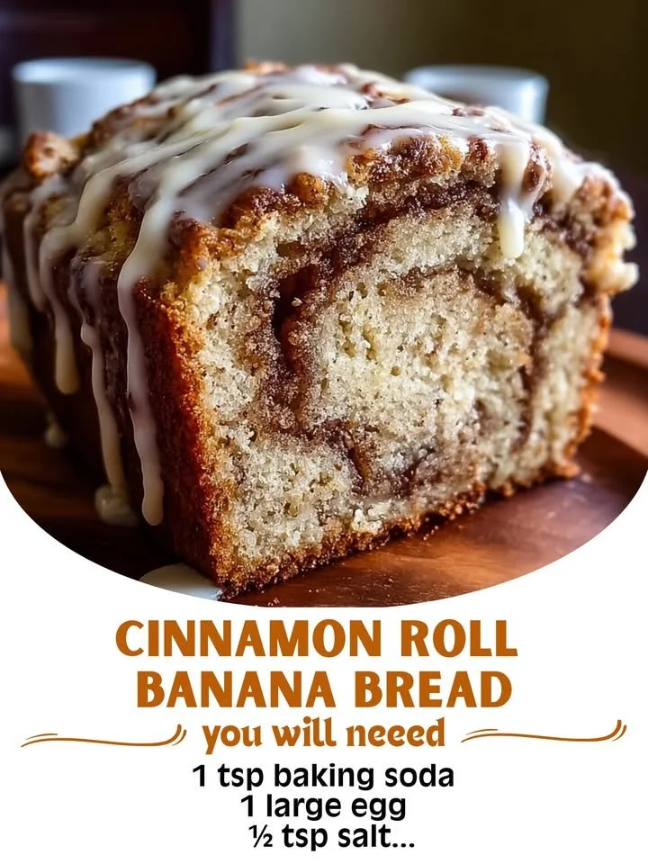 Sliced cinnamon roll banana bread with swirls of cinnamon topping