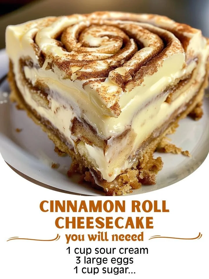 Delicious cinnamon roll cheesecake slice topped with icing and cinnamon