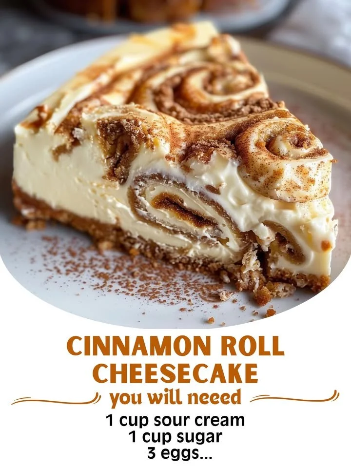 Delicious Cinnamon Roll Cheesecake topped with cinnamon swirls and cream cheese frosting