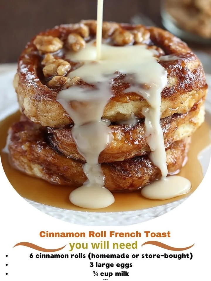 Delicious cinnamon roll French toast served with icing and berries