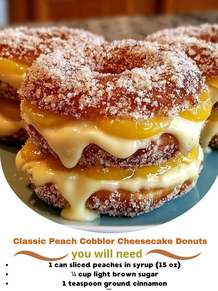 Delicious peach cobbler cheesecake donuts on a dessert plate