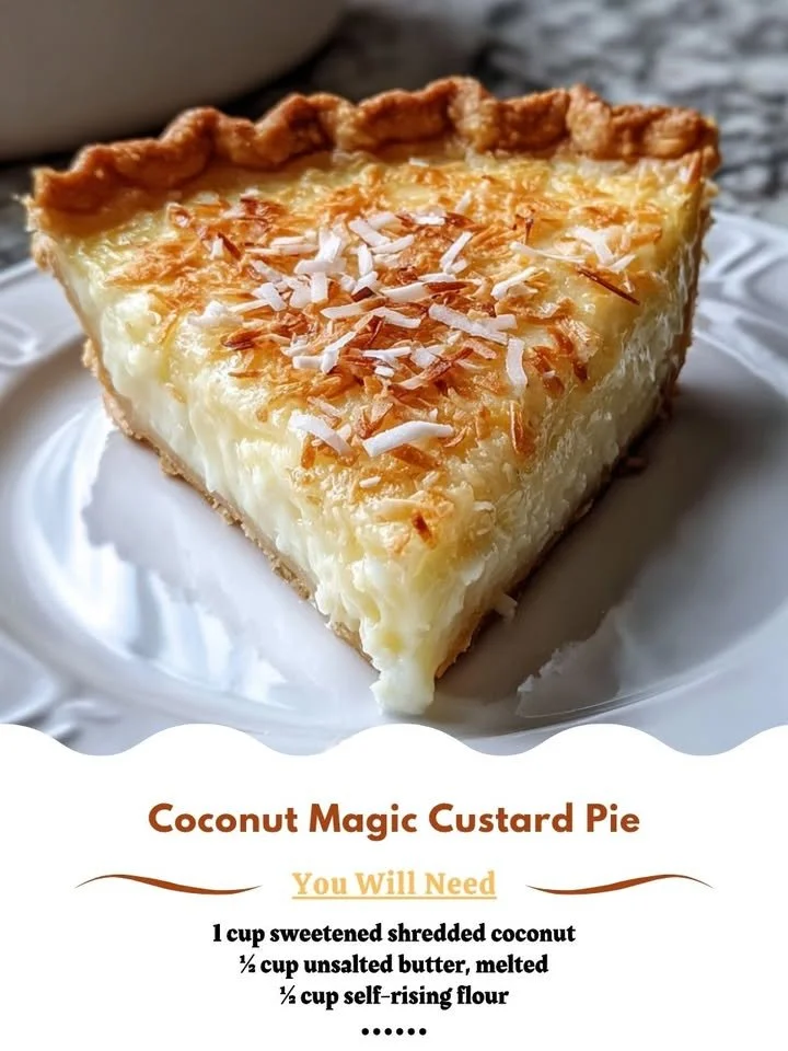 Delicious Coconut Magic Custard Pie served in a dish with a golden crust and creamy filling.
