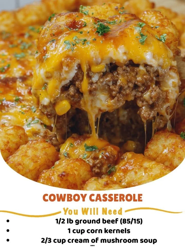 Delicious Cowboy Casserole with beef, beans, and cheese in a baking dish