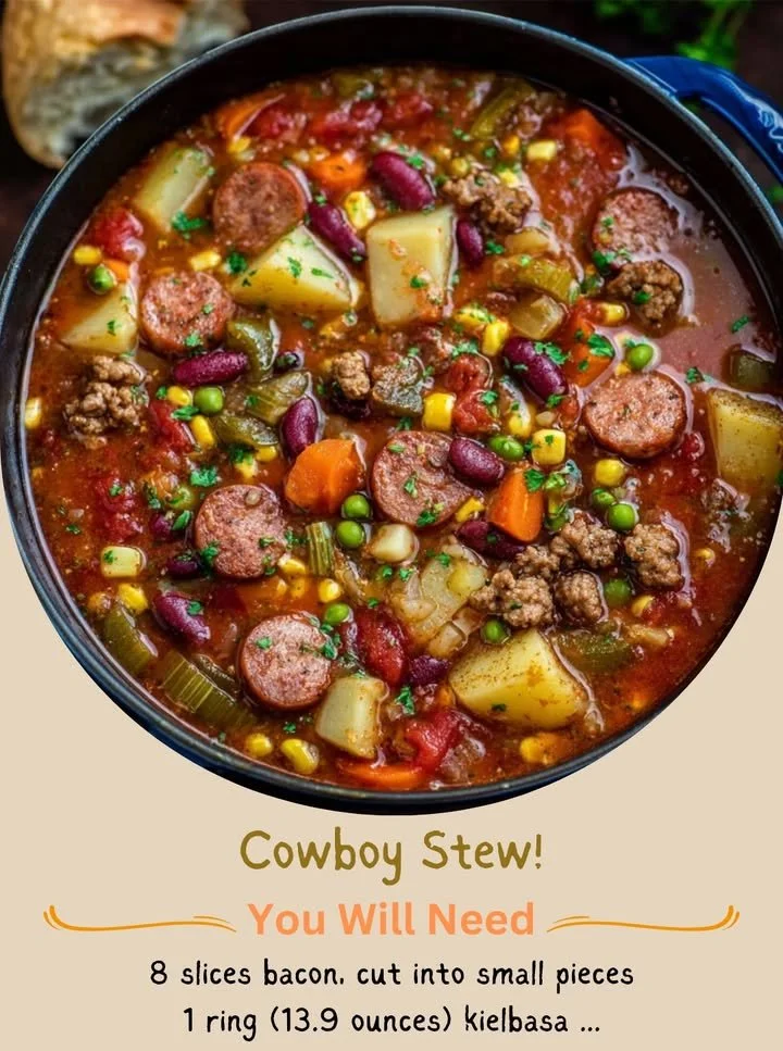 Delicious Cowboy Stew served in a rustic bowl with fresh ingredients.