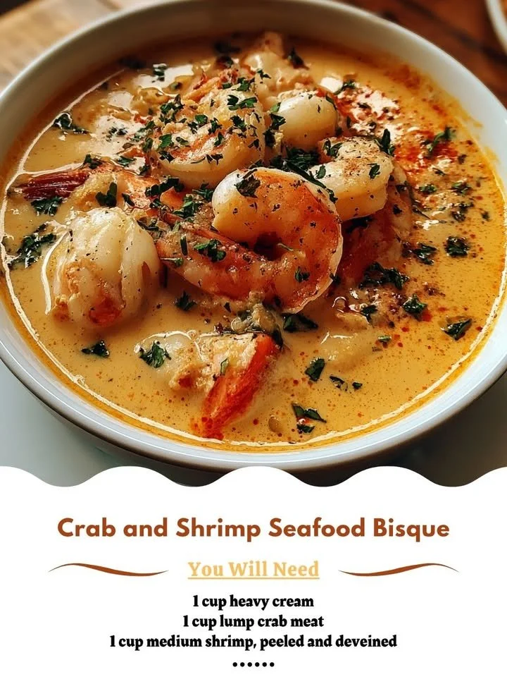 Delicious crab and shrimp seafood bisque served in a bowl with garnish