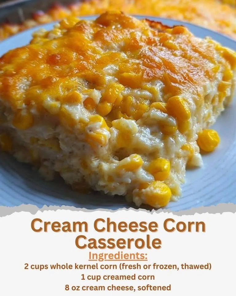 Cream Cheese Corn Casserole dish served in a baking dish