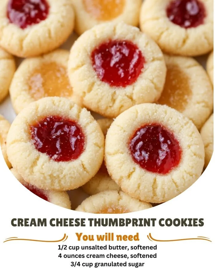 Plate of homemade Cream Cheese Thumbprint Cookies with colorful jam filling.