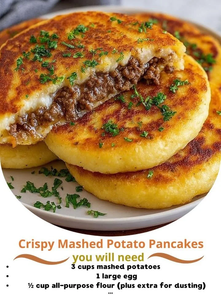 Crispy mashed potato pancakes filled with savory meat on a plate