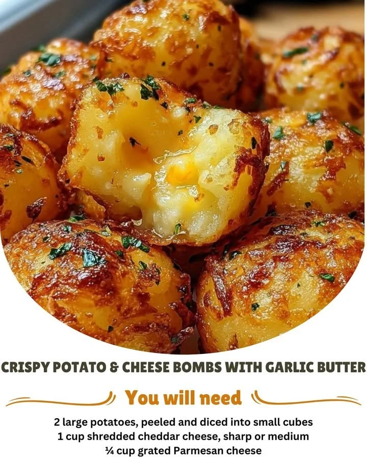 Delicious crispy potato and cheese bombs with garlic butter on a plate.