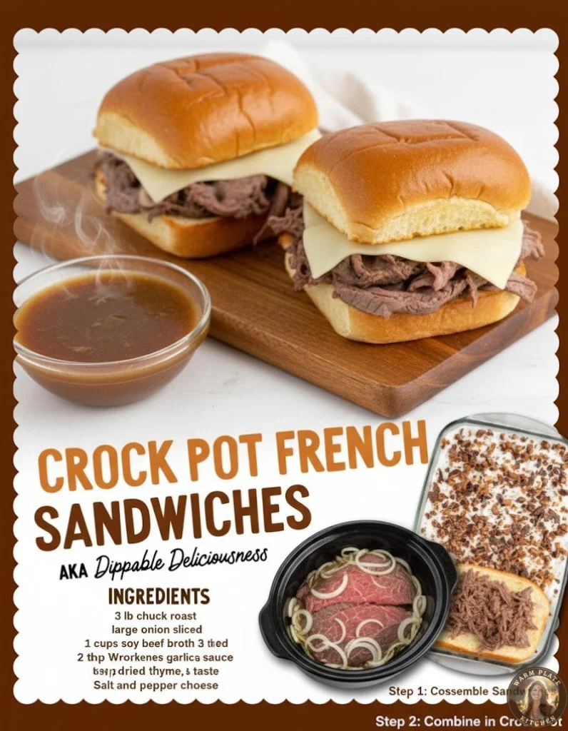 Crock Pot French Dip Sandwiches served on a wooden platter with dipping sauce
