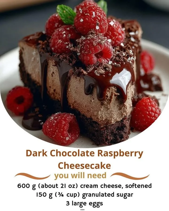 Delicious dark chocolate raspberry cheesecake with fresh raspberries and chocolate drizzle