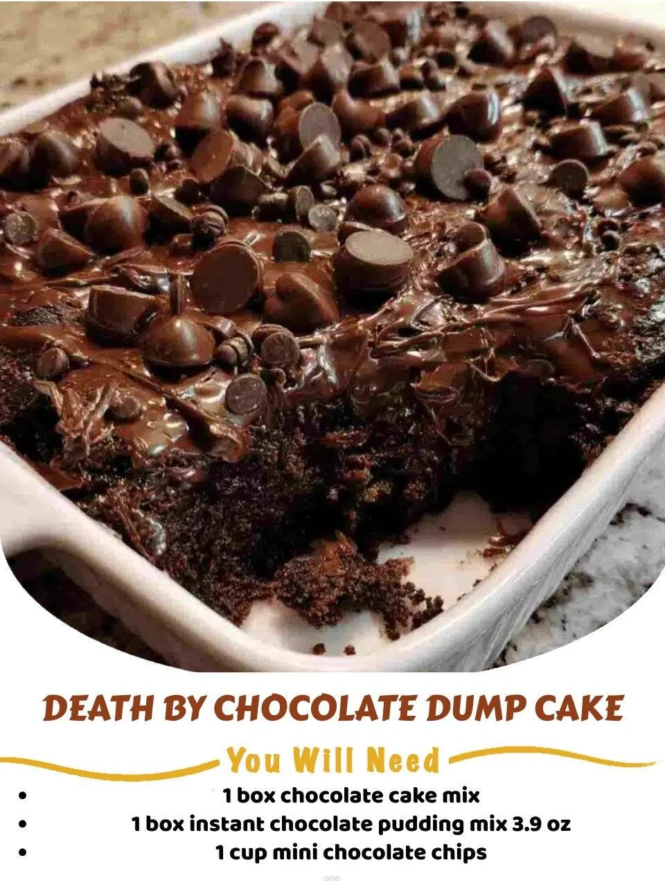 Delicious Death by Chocolate Dump Cake topped with chocolate shavings and whipped cream.