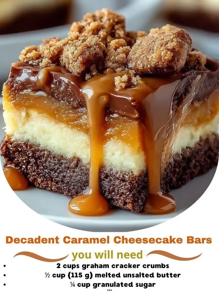 Decadent caramel cheesecake bars topped with rich caramel sauce
