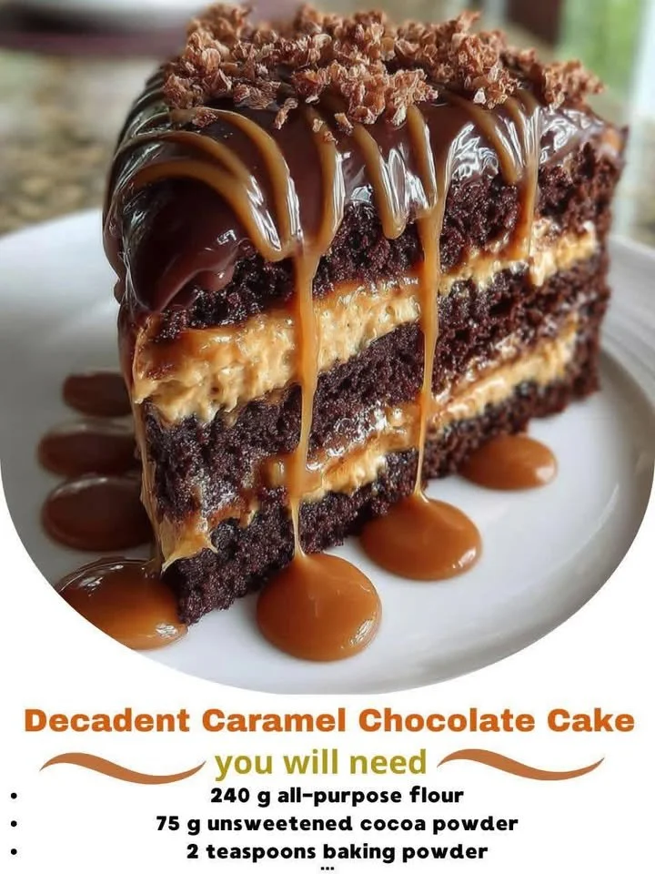 Decadent caramel chocolate cake with rich frosting and caramel drizzle