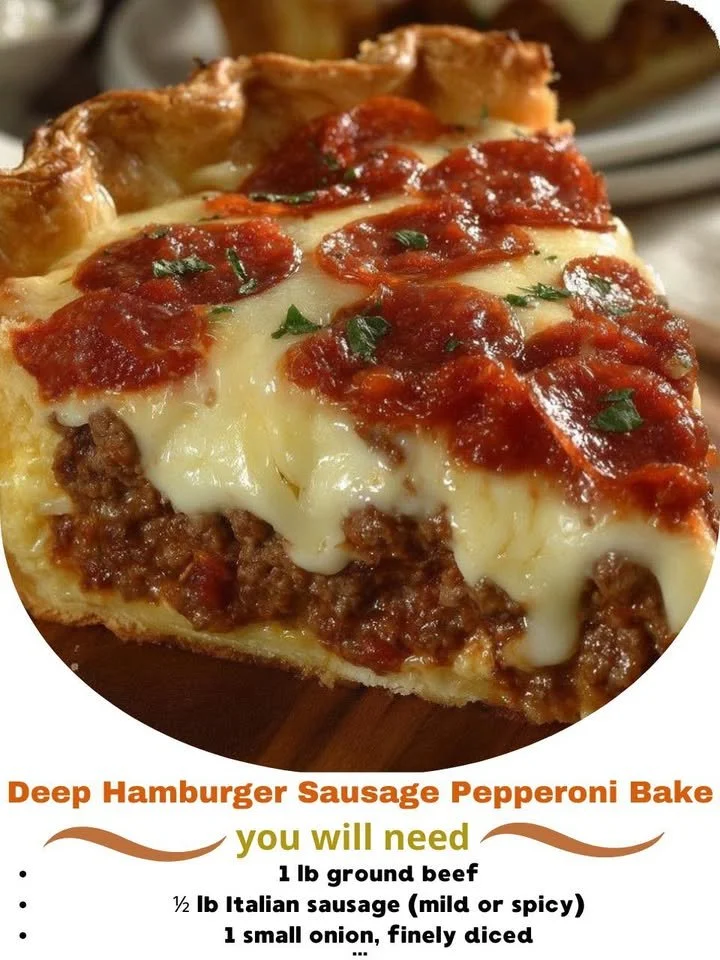 Delicious deep hamburger sausage pepperoni bake served in a dish