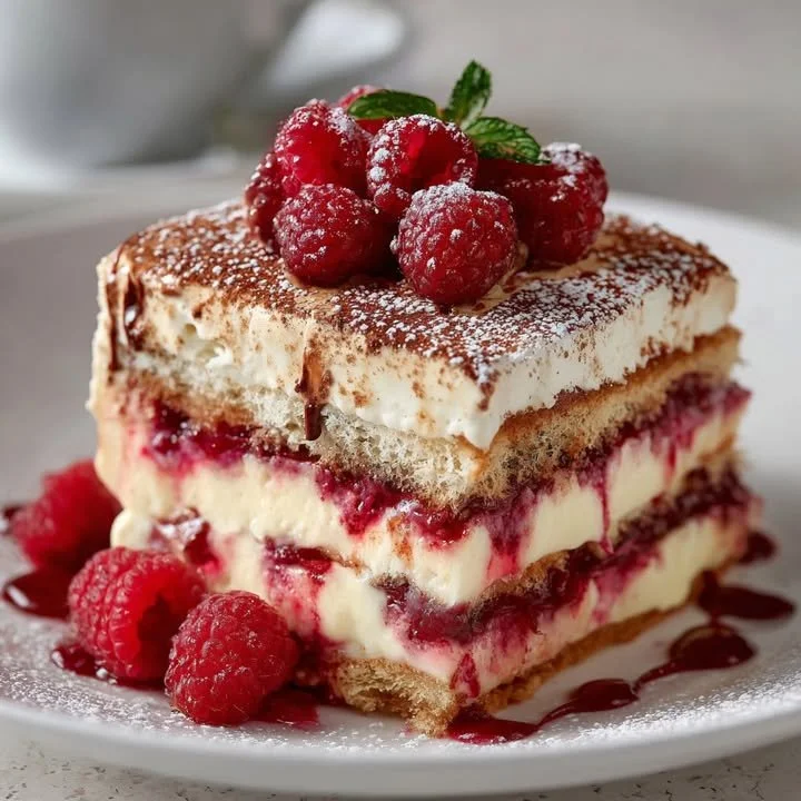 Delicious raspberry tiramisu dessert layered with creamy mascarpone and fresh raspberries.