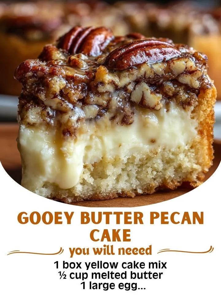 A slice of gooey butter pecan cake with pecans on top, showcasing its rich texture.