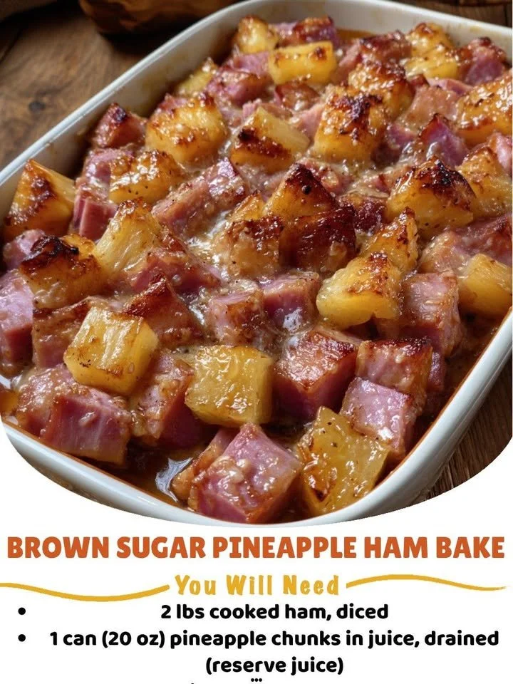 Delicious brown sugar pineapple ham bake served with pineapple slices and glaze