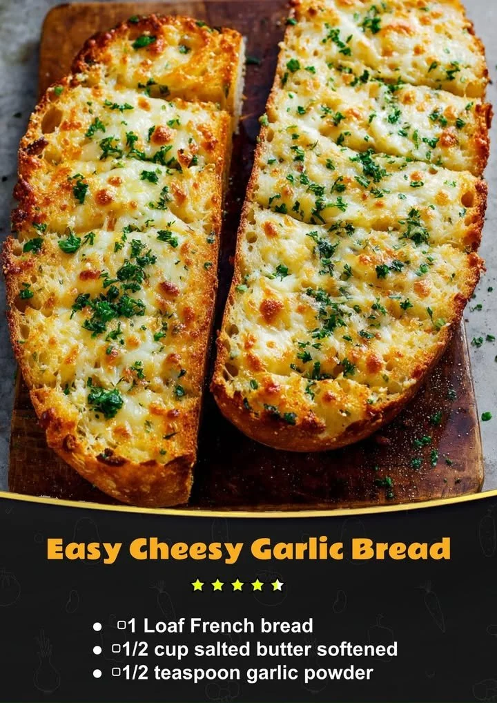 Delicious easy cheesy garlic bread recipe with melted cheese and herbs.