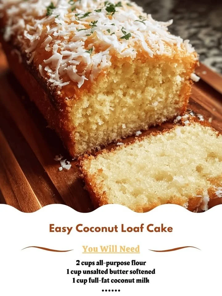 Sliced easy coconut loaf cake with coconut flakes on top