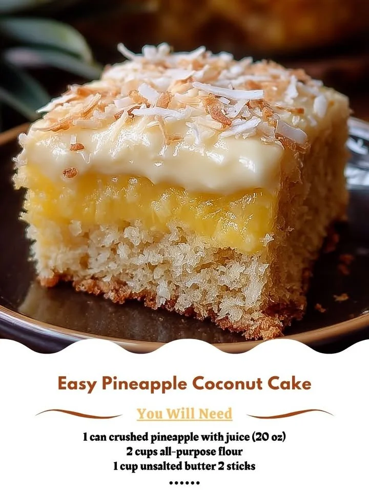 Slice of Easy Pineapple Coconut Cake decorated with fresh pineapple and coconut flakes