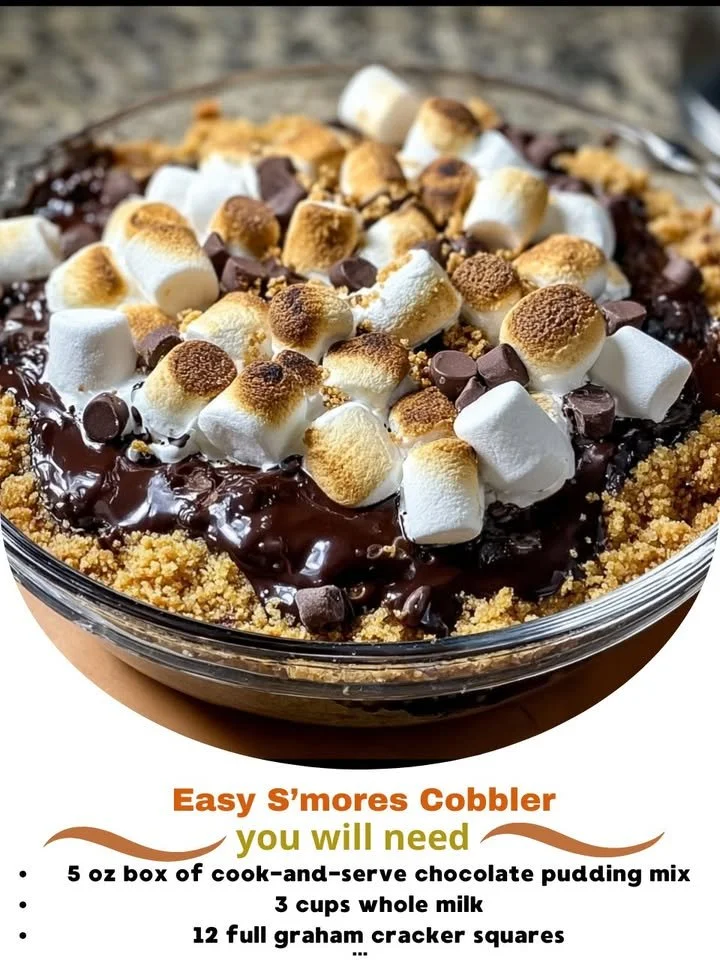Delicious S’mores Cobbler topped with gooey chocolate and marshmallows