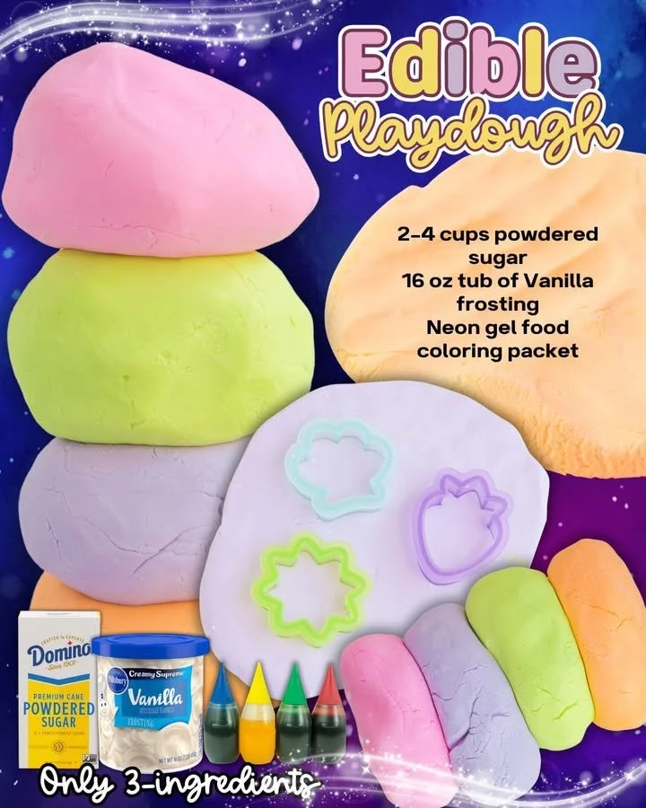 Colorful edible playdough in various shapes for kids' safe play.