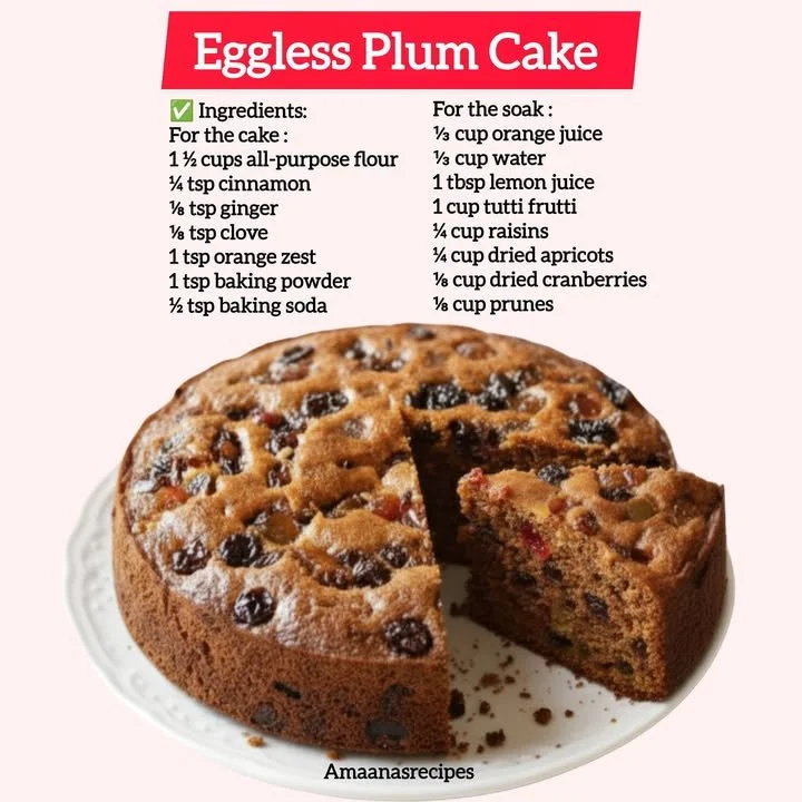 Delicious eggless plum cake topped with cherries and nuts, perfect for festive celebrations.