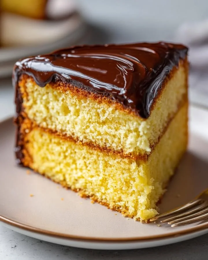 Fluffy yellow cake with icing on a plate ready to be served