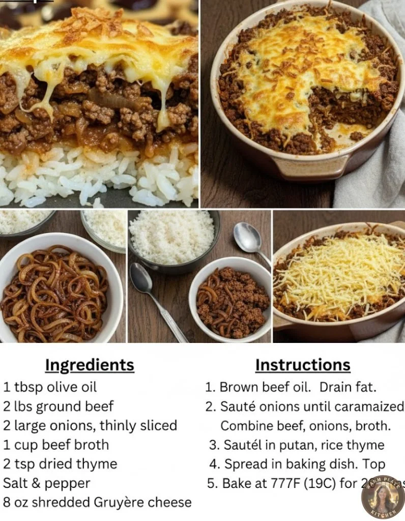 Delicious French onion ground beef casserole topped with melted cheese