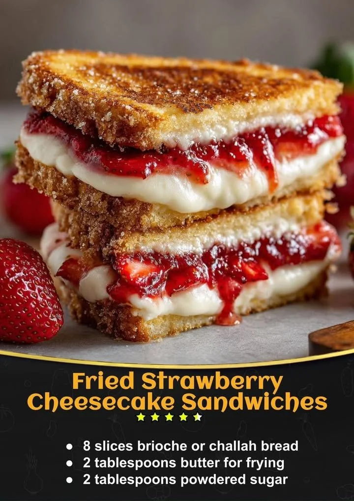 Delicious fried strawberry cheesecake sandwiches ready to be served.