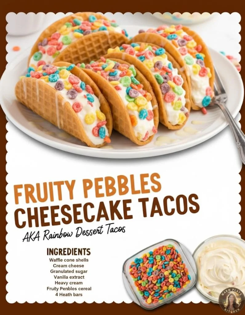 Fruity Pebbles cheesecake tacos served on a colorful plate