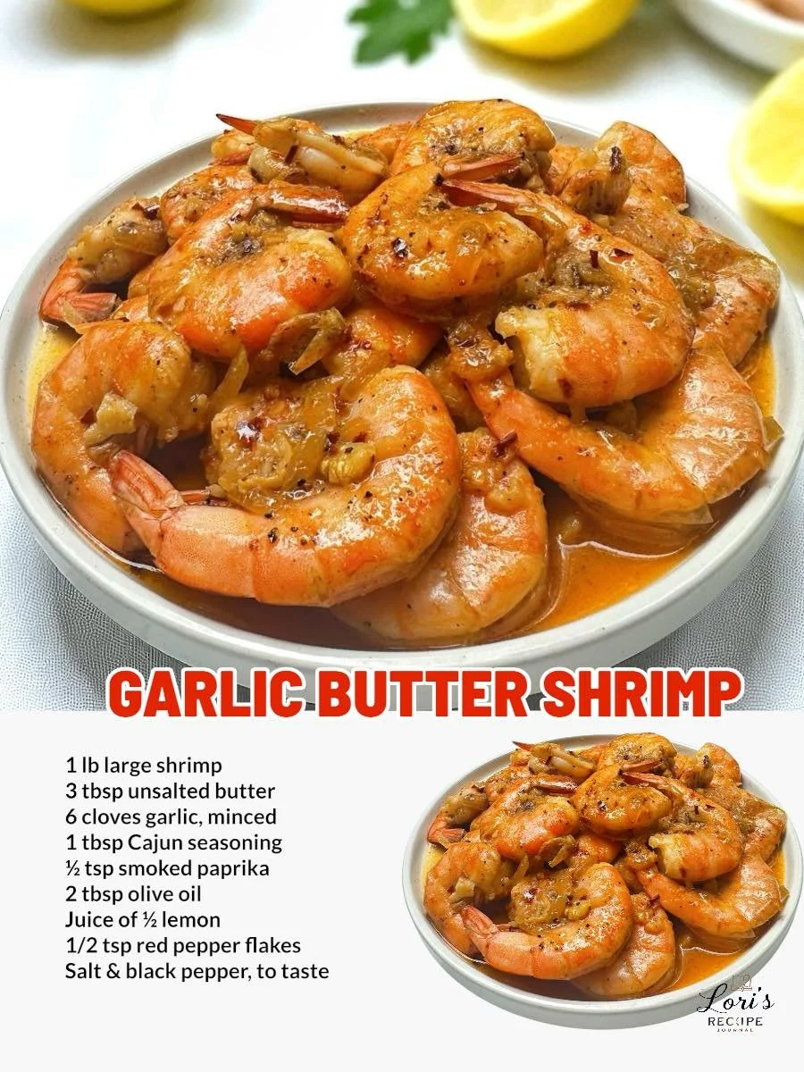 Delicious Garlic Butter Shrimp served with herbs and lemon on a plate
