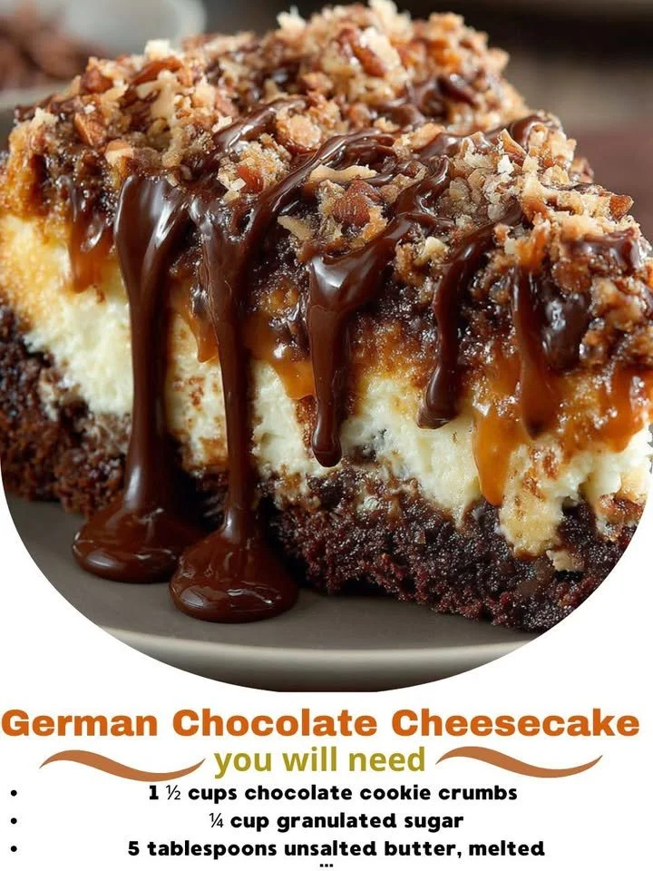 Delicious German Chocolate Cheesecake topped with coconut and pecan frosting.